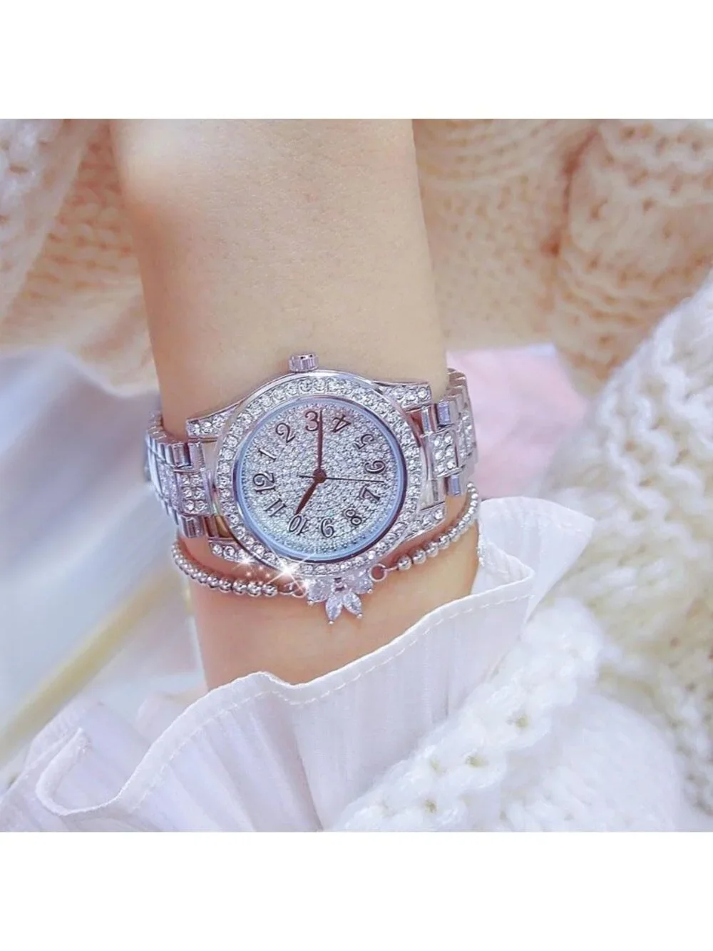 Women's Silver Luxury Diamond Ladies Stainless Steel Bracelet Waterproof Watch